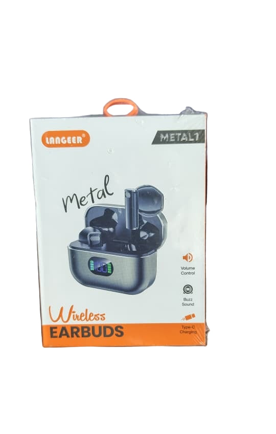 Wireless earbuds packaging with 'Langeer' branding on a tiled floor background